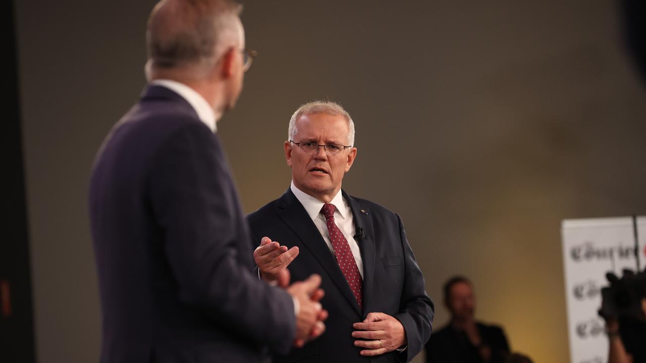 Scott Morrison challenges Anthony Albanese during the leaders’ forum in Brisbane. Picture: Jason Edwards