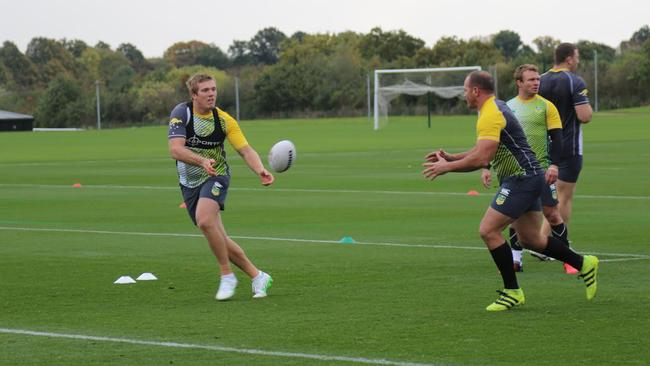 Sport. Jake Trbojevic and Matt Scott train ahead of the Australian Kangaroos' Four Nations opening match against Scotland. Picture: Supplied