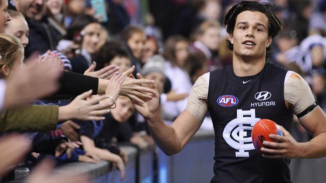 Jack Silvagni celebrates with fans after Sunday’s match. Picture: Getty Images