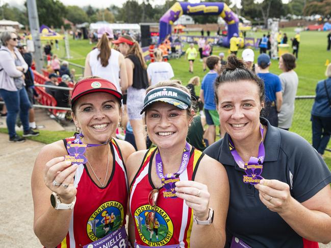 Showing their 10km finishers medal are (from left) Danielle Cory, Bec O'Grady and Jess Smith at the Toowoomba Marathon event, Sunday, May 5, 2024. Picture: Kevin Farmer