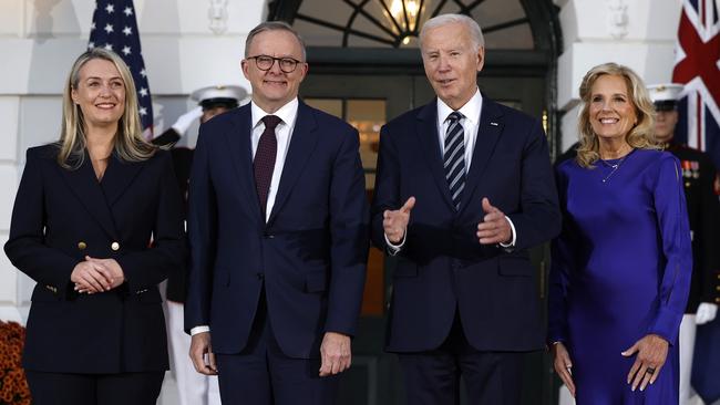 WASHINGTON, DC - OCTOBER 24: Jodie Haydon, Prime Minister of Australia Anthony Albanese, U.S. President Joe Biden and First Lady Jill Biden pose for photos after the arrival of Albanese on the South Lawn of the White House on October 24, 2023 in Washington, DC. Albanese will take part in an Oval Office meeting, press conference and state dinner at the White House as part of his four-day visit to the United States. (Photo by Anna Moneymaker/Getty Images)