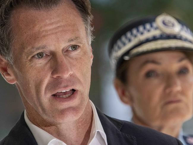 SYDNEY, AUSTRALIA - NewsWire Photos - JANUARY 12, 2025: NSW Premier Chris Minns and Police Commissioner Karen Webb at St George Police Station provide an update on police investigations into antisemitic vandalism across Sydney. Picture: NewsWire / Simon Bullard.