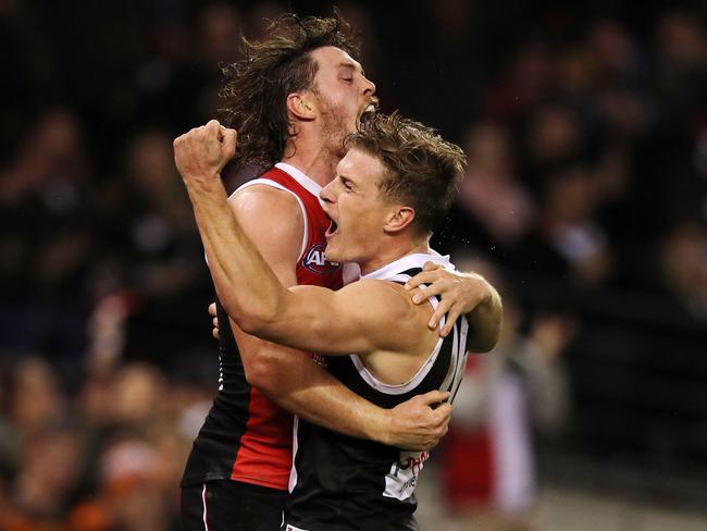 Jack Steven and Jack Newnes jump for joy after a goal in St Kilda’s win over GWS. Picture: Michael Klein