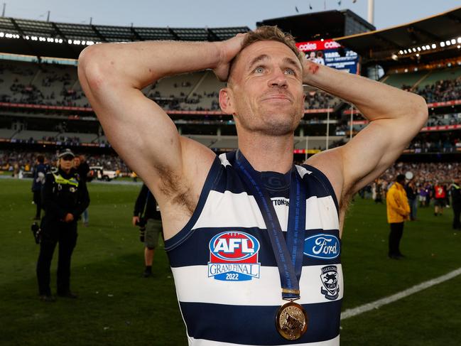 Joel Selwood won his first premiership as a Geelong captain, and fourth as a player, on Saturday. Picture: Michael Willson