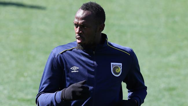 Usain Bolt at his first training session with the Central Coast Mariners on Tuesday. Picture: Getty Images