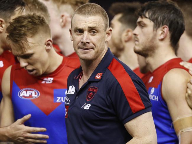 Demons head coach Simon Goodwin is seen during the Round 19 AFL match between the St Kilda Saints and the Melbourne Demons at Marvel Stadium in Melbourne, Saturday, July 27, 2019.  (AAP Image/Daniel Pockett) NO ARCHIVING, EDITORIAL USE ONLY