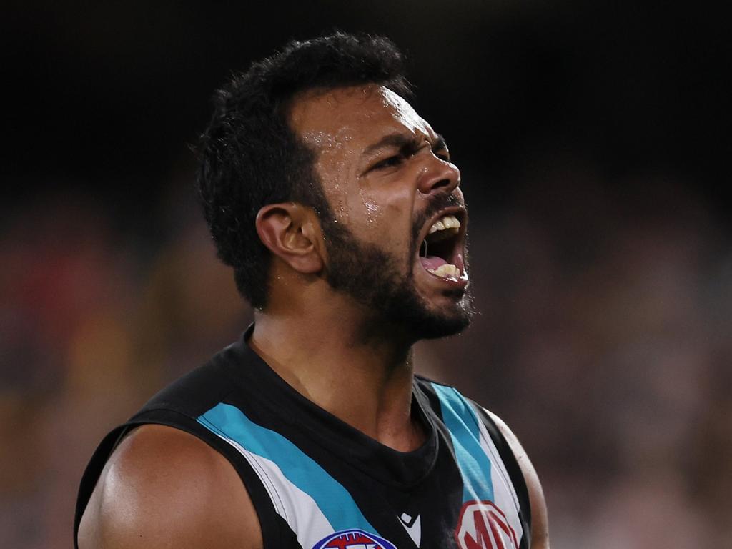 ADELAIDE, AUSTRALIA – SEPTEMBER 13: Willie Rioli of the Power celebrates a goal during the 2024 AFL Second Semi Final match between the Port Adelaide Power and the Hawthorn Hawks at Adelaide Oval on September 13, 2024 in Adelaide, Australia. (Photo by James Elsby/AFL Photos via Getty Images)