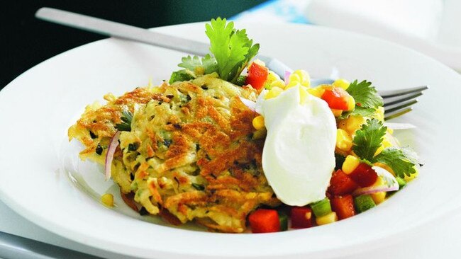 Hash browns with chilli corn salsa.