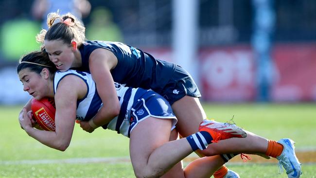 Rachel Kearns absorbs contact from Carlton’s Tarni Brown earlier this season. Picture: Josh Chadwick/AFL Photos/via Getty Images