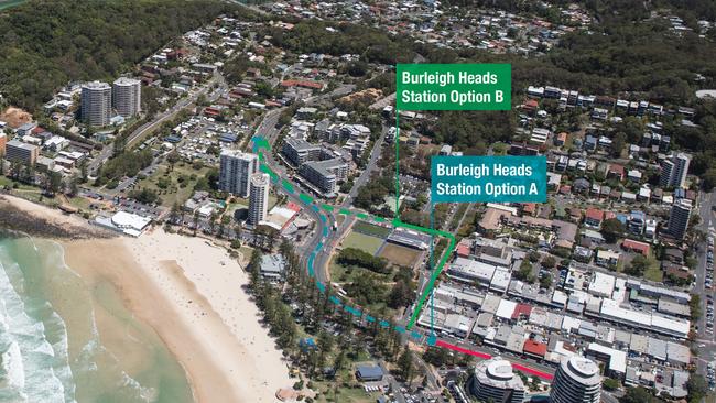 There were two options for stations at Burleigh Heads, during the first consultation. one was outside Justin Lane, the other the trams would go down Connor St and then Park St and stop outside the library.