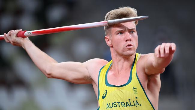 Ashley Moloney competes in the javelin throw leg of the decathlon. Picture: Getty Images