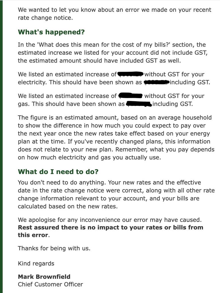 The letter from Energy Australia to customers. Picture: Supplied