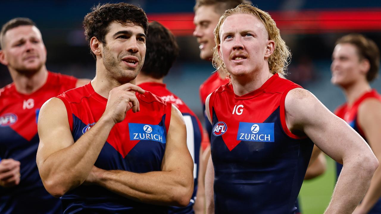 MELBOURNE, AUSTRALIA - APRIL 29: Clayton Oliver and Christian Petracca of the Demons are seen during the 2023 AFL Round 07 match between the Melbourne Demons and the North Melbourne Kangaroos at the Melbourne Cricket Ground on April 29, 2023 in Melbourne, Australia. (Photo by Dylan Burns/AFL Photos via Getty Images)