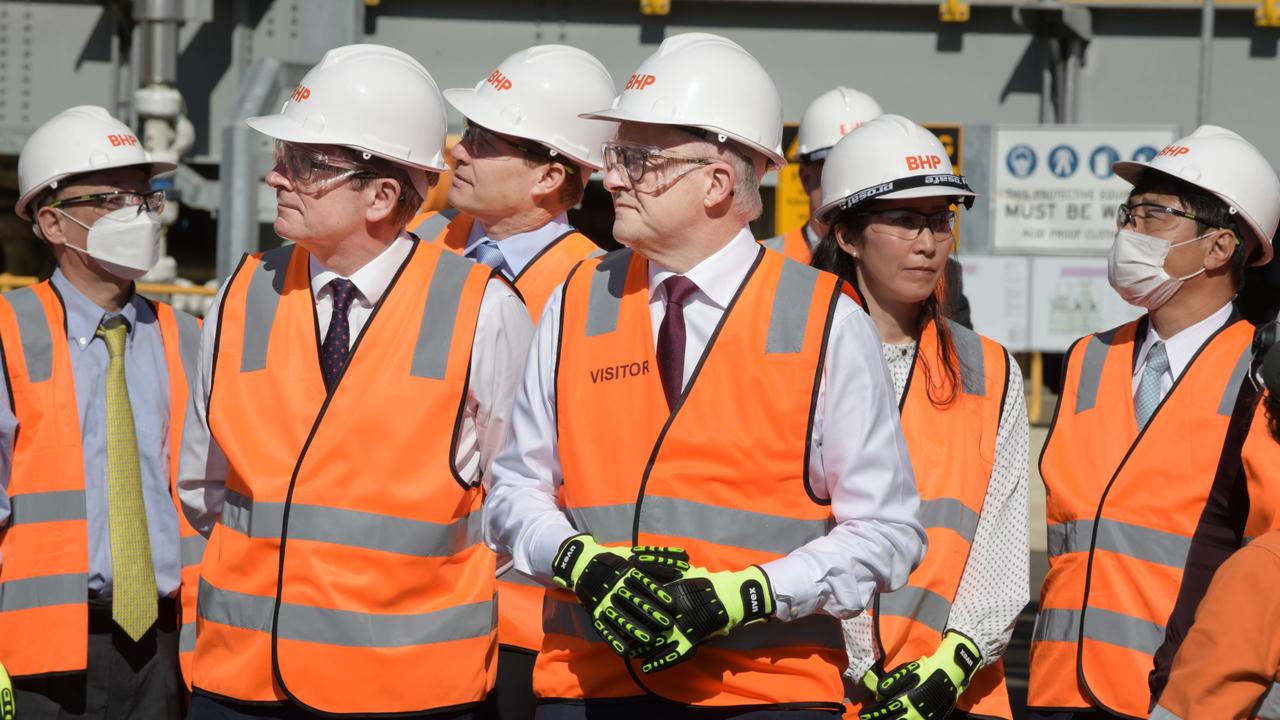 Former WA premier Mark McGowan, Prime Minister Anthony Albanese and Japanese Prime Minister Kishida Fumio at BHP’s Kwinana plant south of Perth in October 2022. Picture: NewsWire / Sharon Smith