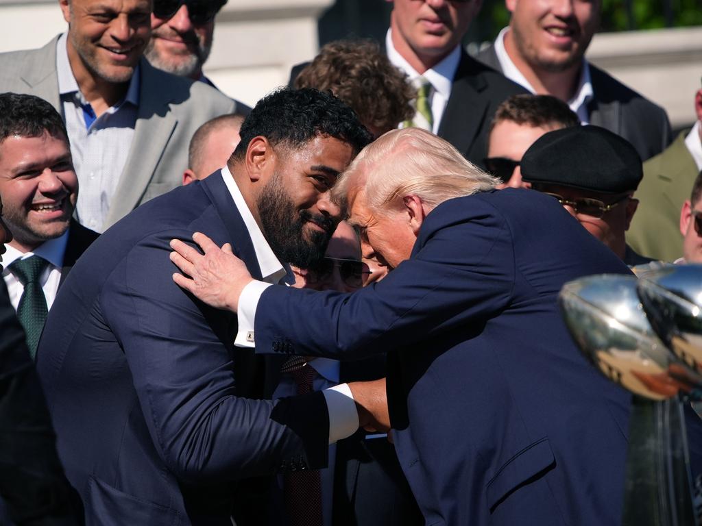 Donald Trump greets Philadelphia Eagles offensive tackle, Australian Jordan Mailata, at an event welcoming the 2025 Super Bowl Champion Philadelphia Eagles on the South Lawn of the White House on Monday. Picture: Getty Images