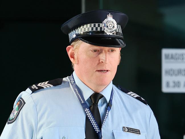 BRISBANE, AUSTRALIA - NewsWire Photos AUGUST 19, 2024: Acting sergeant James Robert Faulkner leaves the Brisbane Magistrates Court after giving testimony at the inquest into the death of Wayne Thomas Kerle in custody. Picture: NewsWire/Tertius Pickard