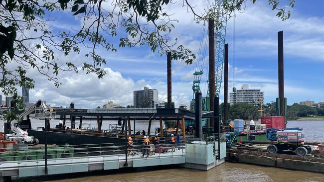 Finishing touches being applied to the reopened Mowbray Park CityCat terminal in Kangaroo Point.