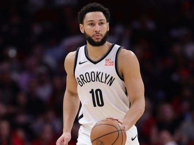 HOUSTON, TEXAS - FEBRUARY 01: Ben Simmons #10 of the Brooklyn Nets handles the ball against the Houston Rockets during the first half at Toyota Center on February 01, 2025 in Houston, Texas. NOTE TO USER: User expressly acknowledges and agrees that, by downloading and or using this photograph, User is consenting to the terms and conditions of the Getty Images License Agreement. (Photo by Alex Slitz/Getty Images)