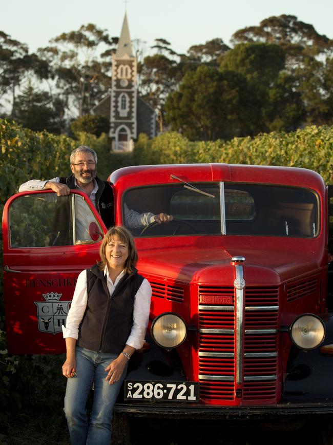 Stephen and Prue Henschke in the vineyard. Picture: supplied