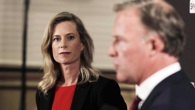 Opposition leader Rebecca White and Premier Will Hodgman in the <i>Mercury</i>, Sky News debate at the Hobart Town Hall before the state election. Picture: RICHARD JUPE