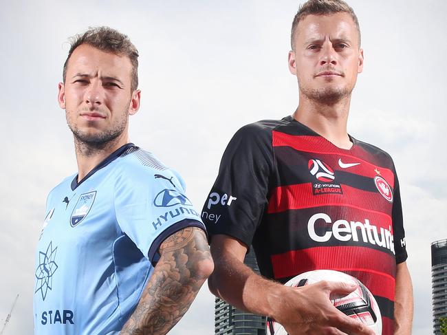 Pictured at Bicentennial Park at in Western Sydney is Sydney FC striker Adam Le Fondre and Wanderers striker Oriol Riera ahead of the Sydney derby game.Picture: Richard Dobson