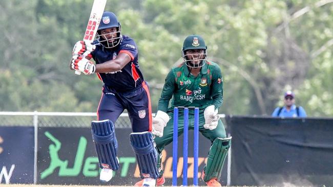 Cricketer Aaron Jones of USA batting against Bangladesh in a T20 international in Dallas, Texas. Picture: Instagram / @aaronjones_85