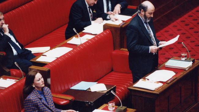 The stood-down Tourism Minister, Ms Barbara Wiese, pictured in the Legislative Council waiting with the Attorney-General Chris Sumner speaking as the Worthington report into conflict-of-interest allegations are tabled in parliament, 25 Aug 1992. She was later cleared of any wrongdoing. Picture: Grant Nowell