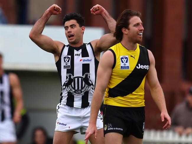 Jack Blair celebrates a goal during his time at Collingwood in the VFL. Picture: Michael Klein