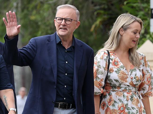 FEDERAL ELECTION TEAM 2022. LABOR BUS TOUR 17/4/2022 - Labor leader Anthony Albanese and partner Jodie Haydon attend Easter Sunday service at St MonicaÃs Cathedral in Cairns, Queensland on day 6 of the federal election campaign, accompanied by Shadow Treasurer Jim Chalmers (L) and Labor candidate for Leichhardt Elida Faith (2nd from L). Picture: Toby ZernaPicture: Toby Zerna