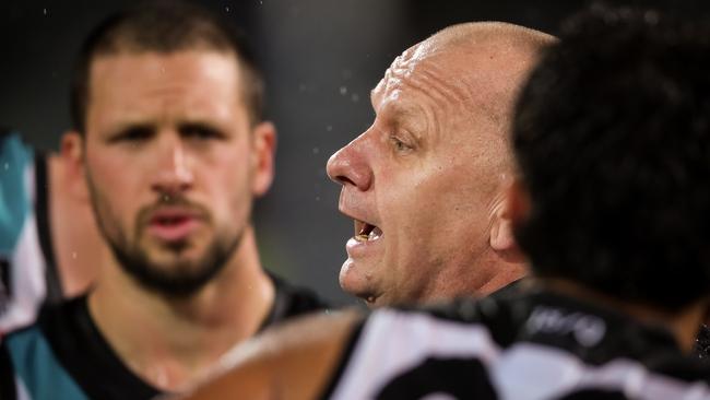 Port Adelaide coach Ken Hinkley talks during a quarter time break. Picture: Matt Turner