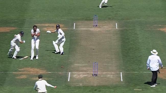 Kane Williamson is run out in disastrous scenes. Photo: Fox Cricket.