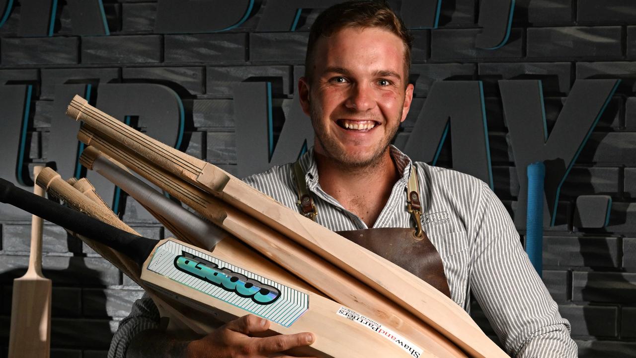 Brisbane Heat player Josh Brown makes a living crafting bats. Picture: Lyndon Mechielsen/Courier Mail