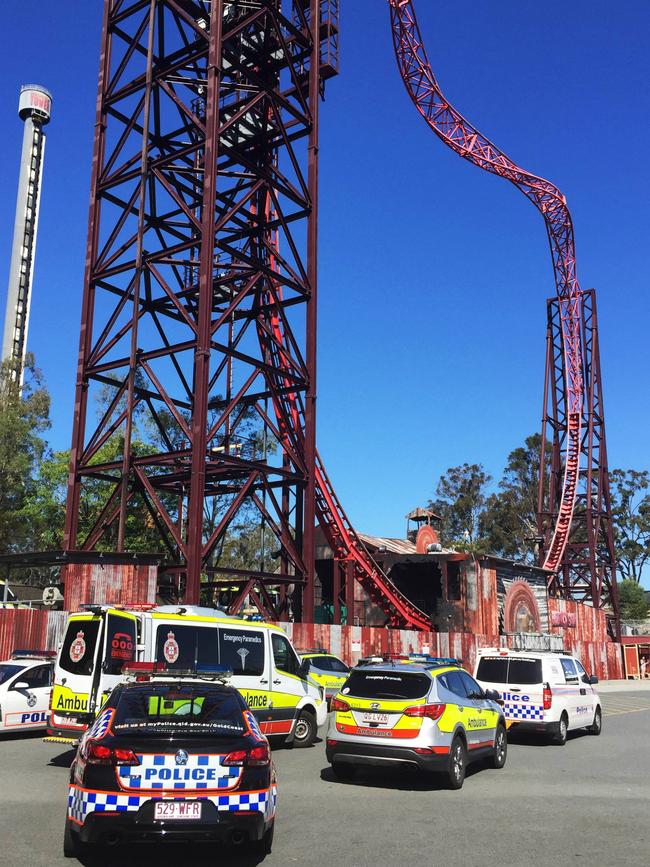 Emergency vehicles at Dreamworld after the fatal accident at the Thunder River Rapids Ride.