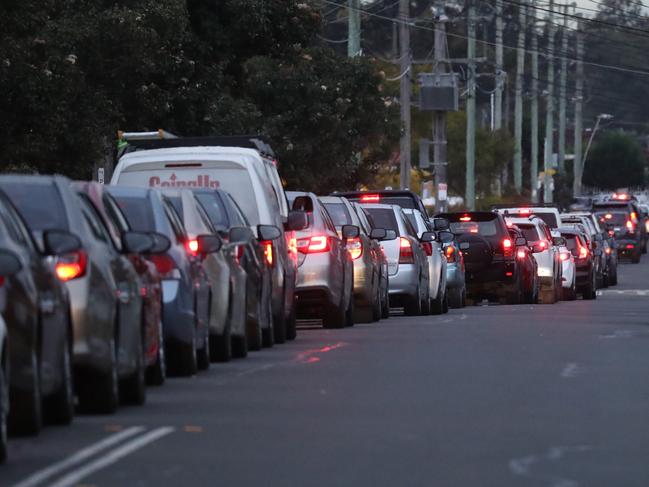 Streets surrounding the new pop up COVID testing unit at Endeavor sports park Fairfield west are clogged with traffic. Picture: John Grainger