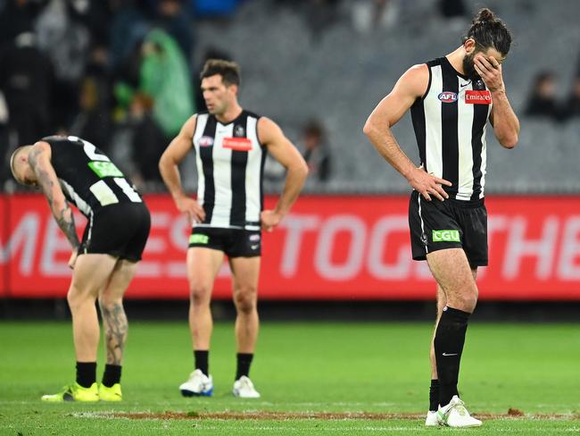 Brodie Grundy looks dejected after losing the round four match against the Giants. (Photo by Quinn Rooney/Getty Images)