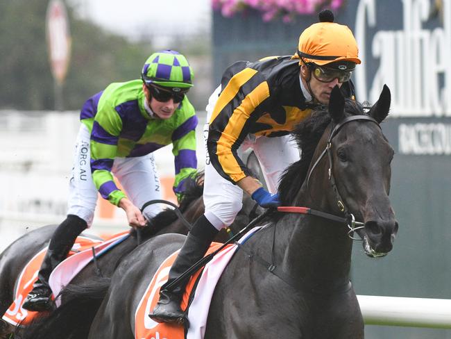 Jockey Jordan Childs rides Nonconformist to victory in race 2, the John Moule Handicap, during Caulfield Race Day at Caulfield Racecourse in Melbourne, Saturday, February 1, 2020. (AAP Image/Vince Caligiuri) NO ARCHIVING, EDITORIAL USE ONLY