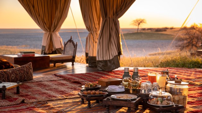 Bars in the nine tented suites of Jack’s Camp in Botswana channel colonial indulgence. Picture: Teagan Cunniffe/Jack's Camp.
