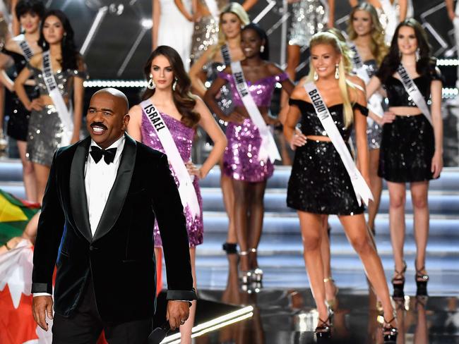 Host Steve Harvey appears during the 2017 Miss Universe Pageant.