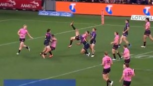 Nathan Cleary’s heavy mid-air collision with Jahrome Hughes. Photo: Fox Sports