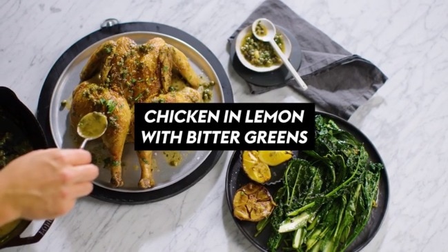 Chicken in lemon with bitter greens recipe