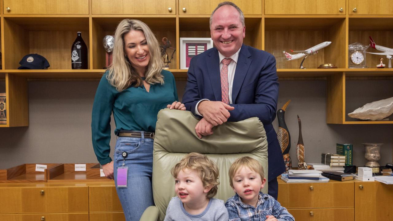 Barnaby Joyce, Vikki Campion and their children after Mr Joyce was returned as Deputy Prime Minister. Picture: NCA NewsWire / Martin Ollman