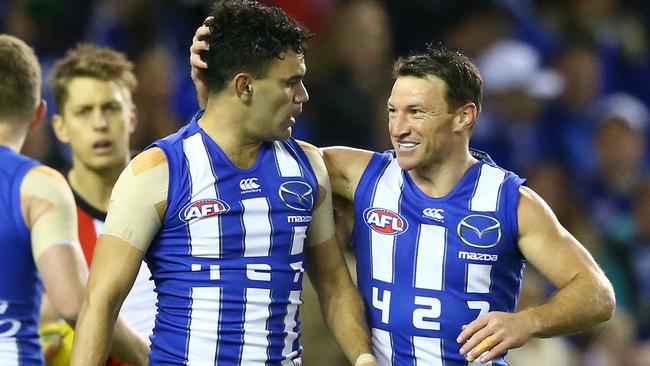 Brent Harvey celebrated his milestone match in style. Photo: Scott Barbour/Getty Images