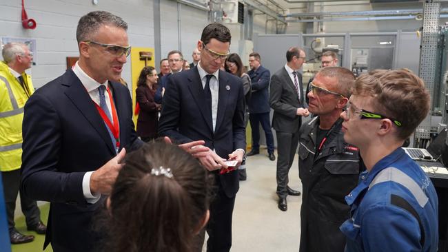 Premier Peter Malinauskas and UK Defence Procurement Minister Alex Chalk at the Barrow-in-Furness nuclear submarine shipyard operated by BAE Systems. Picture: supplied