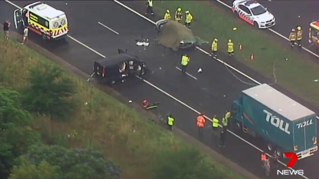 Emergency crews are on the scene near Narellan with the Camden Bypass closed in both directions. Picture: Seven News