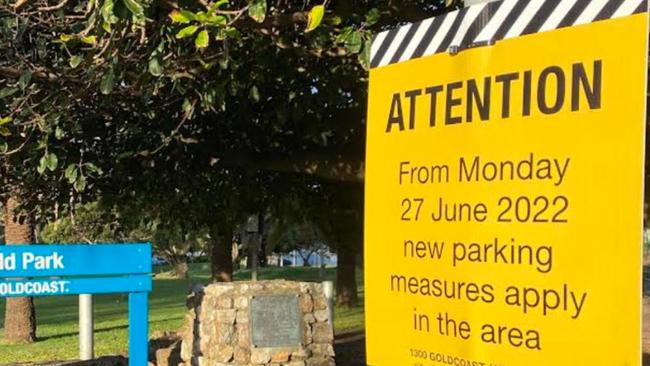 Warning signs of new parking at Burleigh Heads.