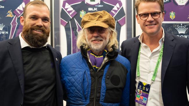 Melbourne Storm injured forward Tom Eisenhuth, Sir Bob Geldof and Storm CEO Justin Rodski