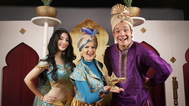 Amelia Hoskin, 17, in year 12 as Princess Jasmine, Severine Cherry, 17, in year 12 as Genie, Rupert Bullard, 17, in year 12 as Aladdin. Aladdin the musical by students from The Friends' School in Hobart. Picture: Nikki Davis-Jones