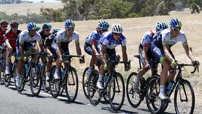 Simon Gerrans sits third wheel with his GreenEDGE team on the way to Victor Harbour. Picture: Sarah Reed