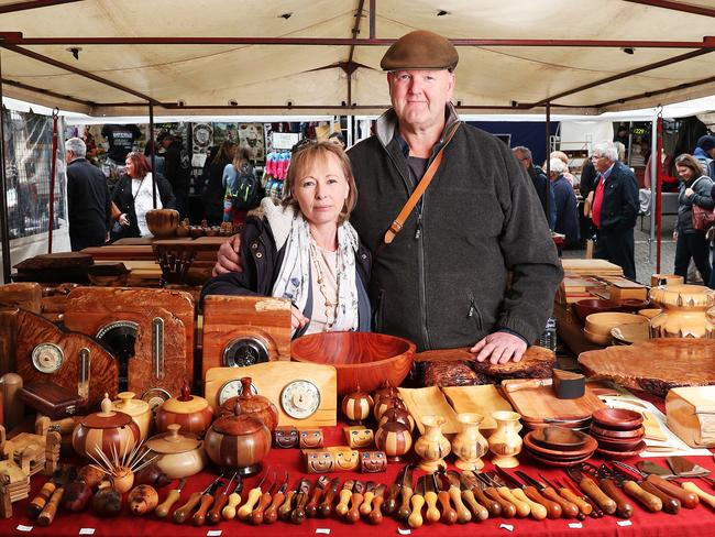 Linda and Justin Fry who operate stall Salamanca Woodcraft at the Salamanca Markets are concerned how a closure to the market would affect stallholders. Picture: NIKKI DAVIS-JONES