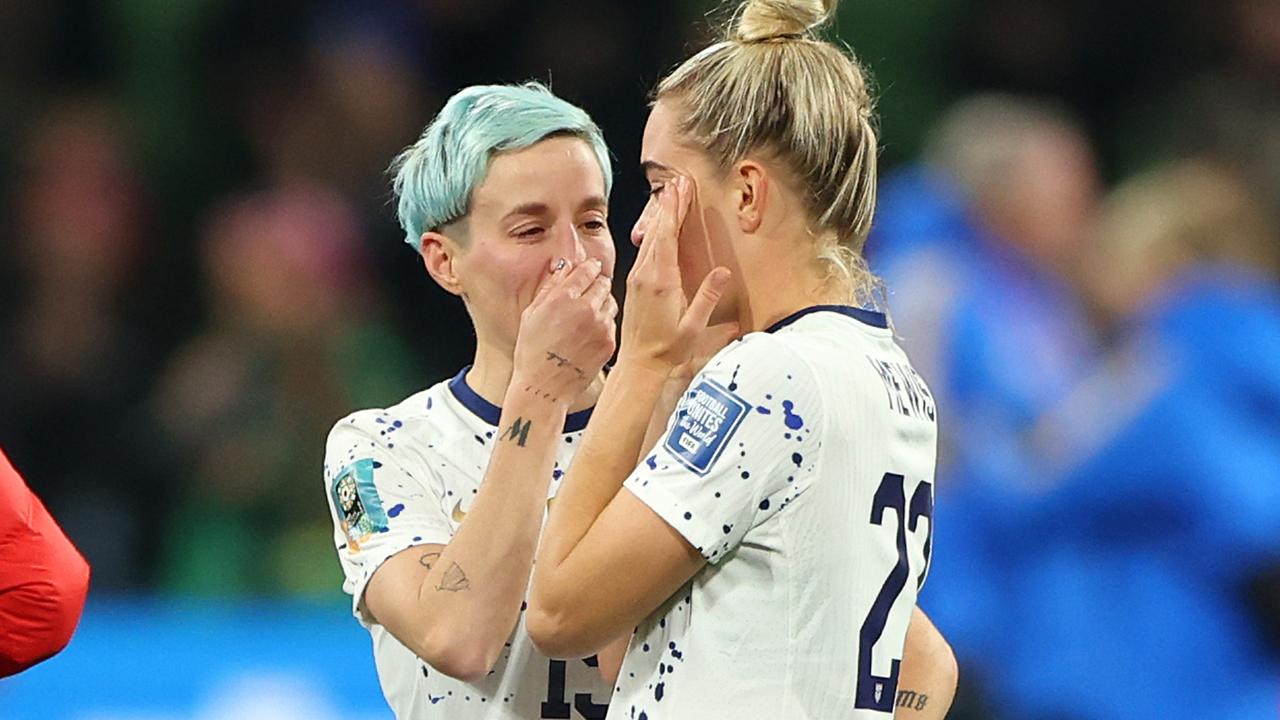 Megan Rapinoe and Kristie Mewis of USA show dejection after the team's defeat in the penalty shootout. (Photo by Robert Cianflone/Getty Images)